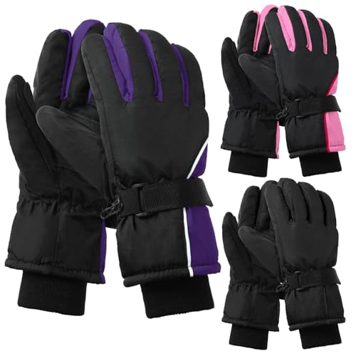 Tarpop 3 Paar Winter-Skihandschuhe für Damen und Herren, warme Handschuhe, verstellbar, rutschfest, wasserdicht, warme Schneehandschuhe (schwarz, lila, rosa) von Tarpop