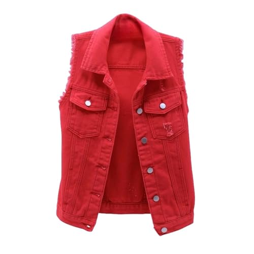 Damen Denim Weste Vest,Rote Kurze Damen-Jeansweste Für Den Sommer, Schlanke, Ausgefranste, Zerrissene Jeansweste, Geknöpfte Jacke Mit Taschen, Gewaschene Jeansjacke, Weste, Ärmellose Strickjac Damen Denim Weste Vest,Rote Kurze Damen-Jeansweste Für Den Sommer, Schlanke, Ausgefranste, Zerrissene Jeansweste, Geknöpfte Jacke Mit Taschen, Gewaschene Jeansjacke, Weste, Ärmellose Strickjac von TatbUL