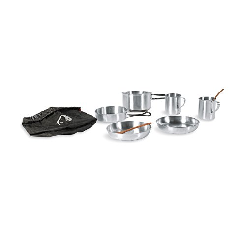 Tatonka Camping-Kochgeschirr Picnic Set (8-teilig) - Edelstahl-Geschirr fürs Picknick zu zweit - Mit Topf, Pfanne, 2x Teller, 2x Tasse mit Henkel und 2x Löffel aus Kokosholz - Schadstofffrei, Silber von Tatonka