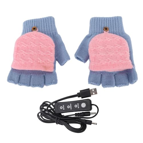 Tbest Fingerlose Strickhandschuhe, 1 Paar Winter Gestrickte Halbfinger-Gaming-, Doppelseitige Heizung, USB-beheizte für Damen und Herren (Blue) von Tbest