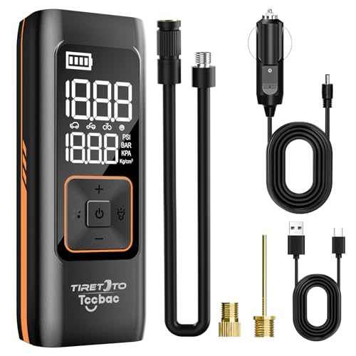 Tccbac Elektrische Luftpumpe 12V 7800mAh Wiederaufladbarer Mini Fahrradpumpe Eektrisch 150PSI mit LED Licht Und Manometer für Auto Motorrad Fahrrad Bälle,AutoOff, USB Powerbank von Tccbac