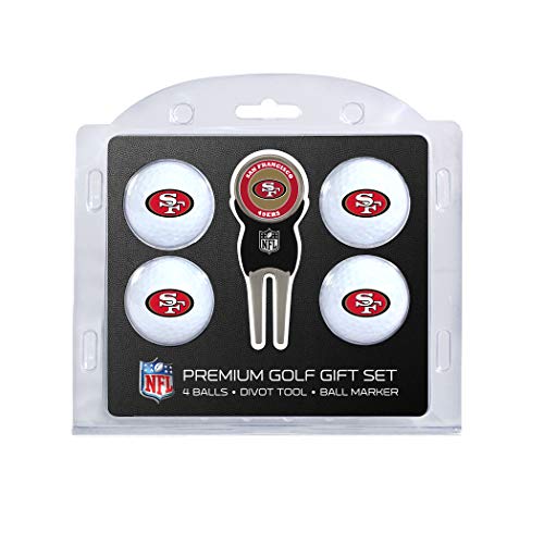 Team Golf NFL San Francisco 49ers 4 Golfball- und Pitchgabel-Set, reguläre Größe, Golfbälle (4 Stück) & Pitchgabel mit abnehmbarem doppelseitigem Magnetmarker von Team Golf