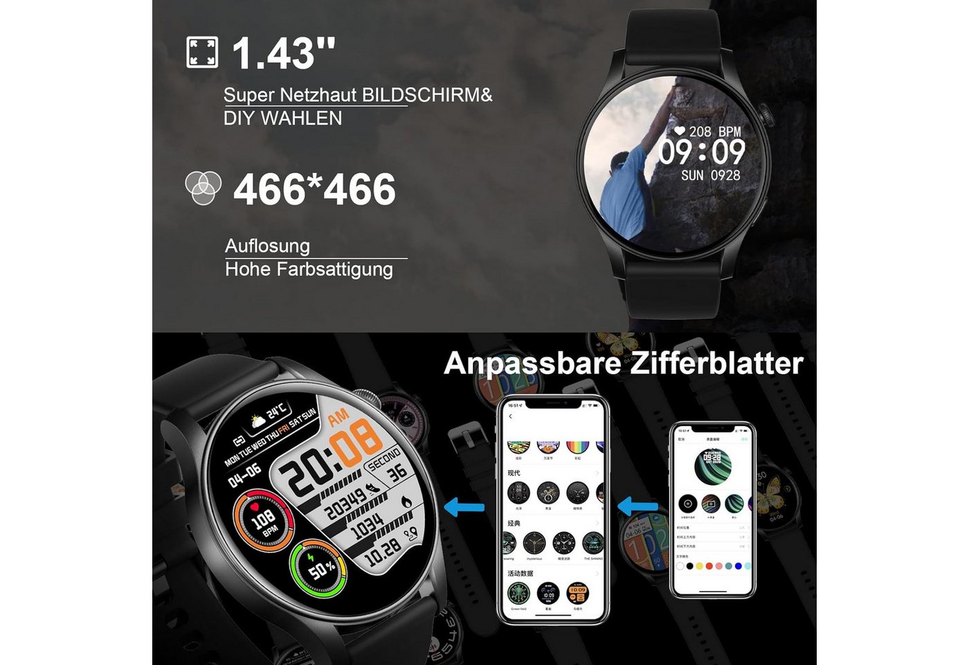 Techtrix Smartwatch (1,43 Zoll, Android, iOS), mit Pulsmesser, Schlafmonitor, SpO2, IP68 wasserdichte Schrittzähler von Techtrix