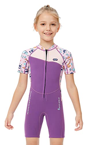 Mädchen 2.5mm Neoprenanzug Kinder Einteiler Tauchanzug Tropisch Violet Kurzarm Shorty Badeanzug Schnorchel One Piece Wetsuit M von TeeYee