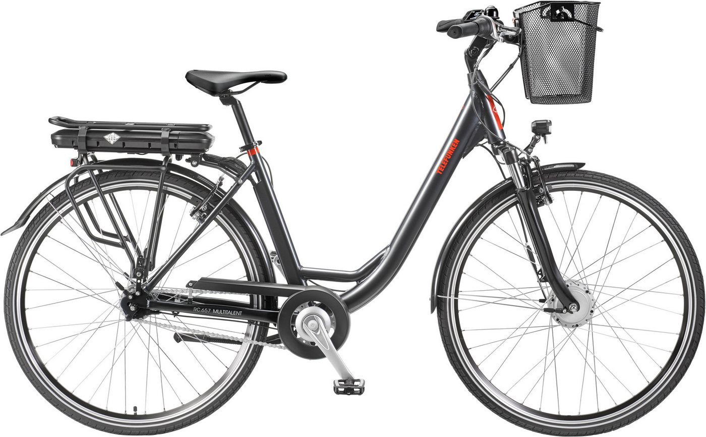 Telefunken E-Bike RC657 Multitalent, 7 Gang Shimano Nexus Schaltwerk, Nabenschaltung, Frontmotor, 468 Wh Batterie, mit abnehmbarem Einkaufs-Fahrradkorb von Telefunken