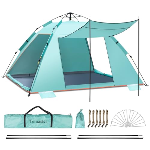 4-5 Person Instant Pop Up Automatisches Strandzelt, Extra großes tragbares belüftetes automatisches Sonnenschutz mit 3 erweiterbarer Veranda, UPF 50+ Easy Setup Strandmuschel für Picknick, Strand von Temaster