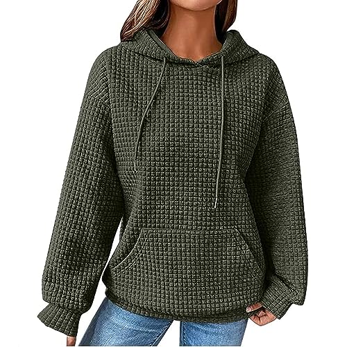 Waffle Knit Hoodie Women 2024, Waffle Sweatshirt Women, Casual Long Sleeve Drawstring Waffle Pullover (3XL,Olive Green) von Tencipeda