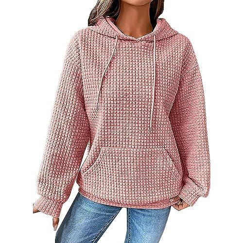 Waffle Knit Hoodie Women 2024, Waffle Sweatshirt Women, Casual Long Sleeve Drawstring Waffle Pullover (3XL,Pink) von Tencipeda