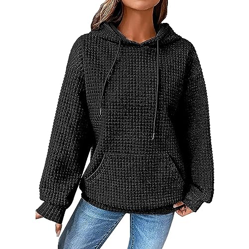 Waffle Knit Hoodie Women 2024, Waffle Sweatshirt Women, Casual Long Sleeve Drawstring Waffle Pullover (L,Black) von Tencipeda