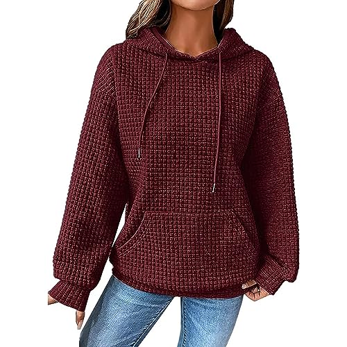 Waffle Knit Hoodie Women 2024, Waffle Sweatshirt Women, Casual Long Sleeve Drawstring Waffle Pullover (S,Dark red) von Tencipeda