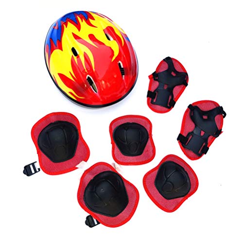 Thonlai 7 Stück/Set Kinder-Schutzausrüstung mit Verstellbarem Helm, Knieschützer, Ellenbogenschützer, Handgelenkschützer für Rollschuhe (Rot) von Thonlai