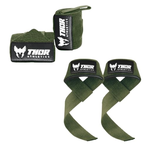 Thor Athletics Lifting Straps + Wrist Wraps 60cm (Flexibel) - Kombi-Bundle - Krafttraining Zubehör - Powerlifting Straps - Handgelenkstütze - Inklusive E-Book (Army Green) von Thor Athletics