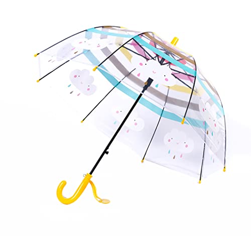 ThreeH Jungen Mädchen Bubble Regenschirm mit gebogenem Easy Grip-Griff Automatischer transparenter Kuppelschirm mit niedlichen Cartoon-Regenbogenwolken,Gelb von ThreeH