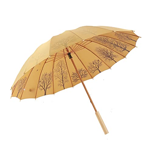 ThreeH Regenschirm aus Holz mit langem Griff, Retro-Bäume-Druck, Faserschaft, 16 Rippen, 210T Pongee-Stoffoberfläche, für Herren und Damen, winddicht, regendicht, Reiseschirm, Gelb von ThreeH