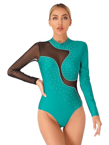 TiaoBug Damen Gymnastikanzug Langarm Turnanzug Mesh Spleiß Tanz-Body Ballett Trikot Glitzer Eiskunstlauf Overall Jumpsuit Grün XXL von TiaoBug