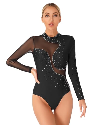 TiaoBug Damen Gymnastikanzug Langarm Turnanzug Mesh Spleiß Tanz-Body Ballett Trikot Glitzer Eiskunstlauf Overall Jumpsuit Schwarz XXL von TiaoBug