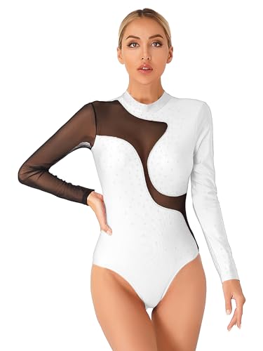 TiaoBug Damen Gymnastikanzug Langarm Turnanzug Mesh Spleiß Tanz-Body Ballett Trikot Glitzer Eiskunstlauf Overall Jumpsuit Weiß XL von TiaoBug