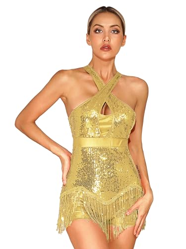 TiaoBug Damen Pailletten Tanzkleider Metallic Neckholder Latein Kleid mit Fransen Flapper Kostüm Swingkleid in Gold Silber Türkis Schwarz Blau Rot Gold S TiaoBug Damen Pailletten Tanzkleider Metallic Neckholder Latein Kleid mit Fransen Flapper Kostüm Swingkleid in Gold Silber Türkis Schwarz Blau Rot Gold S von TiaoBug
