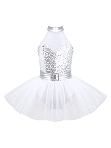 TiaoBug Kinder Pailetten Ballettanzug Ballettkleid Mädchen Ballett Tanzkleid mit Asymmetrisch Röckchen Tütü Glänzend Tank Tops Träger Kleider 92 104 116 128 140 146 164 Silber FF 134-140 von TiaoBug