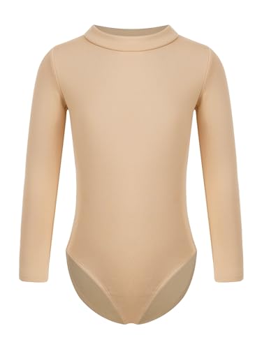 TiaoBug Mädchen Ballett Body Trikot Kinder Kurzarm Langarm Ballettanzug Turnanzug Gymnastikanzug Hautfarbe Stehkragen 128-134 von TiaoBug