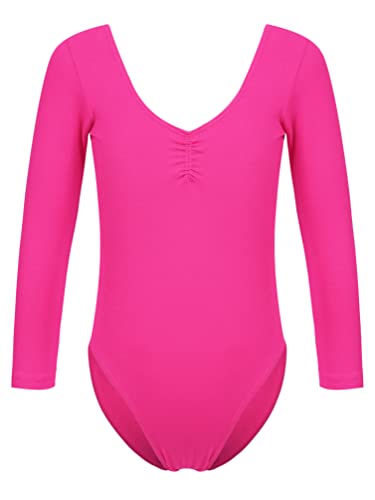 TiaoBug Mädchen Ballett Body Trikot Kinder Kurzarm Langarm Ballettanzug Turnanzug Gymnastikanzug Hot Pink B 110-116 von TiaoBug