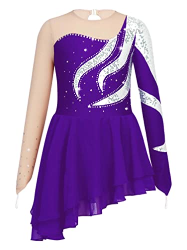 TiaoBug Mädchen Eiskunstlauf Kleid Langarm Tanzkleid Mesh Patchwork Strassstein Turnanzug mit Tutu Röckchen Violett C 110-116 von TiaoBug