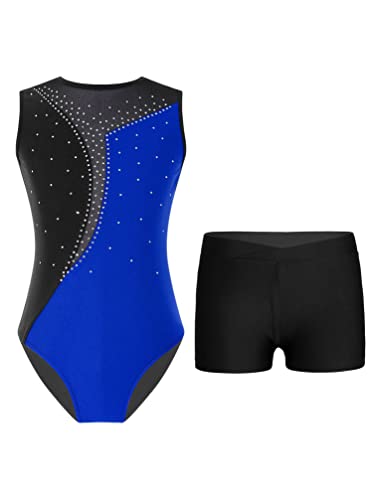 TiaoBug Mädchen Gymnastikanzug Ärmellos Trikot Turnanzug Turnbody mit Glitzer Kinder Dancewear buntes Leotard Body für Gymnastik Sport Ballett Tanzen Königsblau & Schwarz M 158-164 von TiaoBug