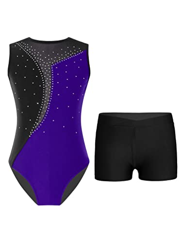 TiaoBug Mädchen Gymnastikanzug Ärmellos Trikot Turnanzug Turnbody mit Glitzer Kinder Dancewear buntes Leotard Body für Gymnastik Sport Ballett Tanzen Lila & Schwarz M 146-152 von TiaoBug