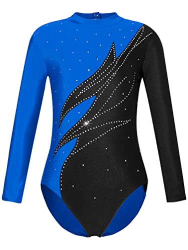 TiaoBug Turnanzug für Mädchen Langarm Ballettanzug Ballett Trikot Strassstein Gymnastikanzug Leotard Overall Eiskunstlauf Kleid gr. 98-176 Blau F 122-128 von TiaoBug