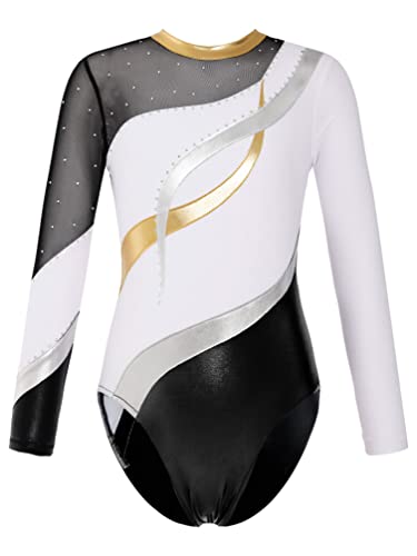 TiaoBug Turnanzug für Mädchen Langarm Ballettanzug Ballett Trikot Strassstein Gymnastikanzug Leotard Overall Eiskunstlauf Kleid gr. 98-176 Weiß I 170-176 von TiaoBug