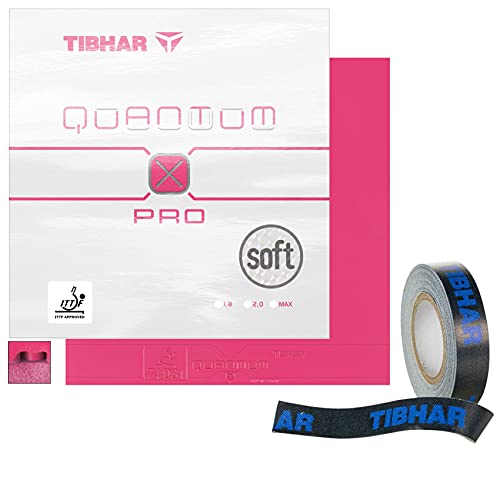 Tibhar Tischtennis-Belag bunt Quantum X Pro Soft & Kantenband | pinkes Obergummi | Härtegrad: 42,5 | Pinker, feinporiger Schwamm (pink - max) von Tibhar