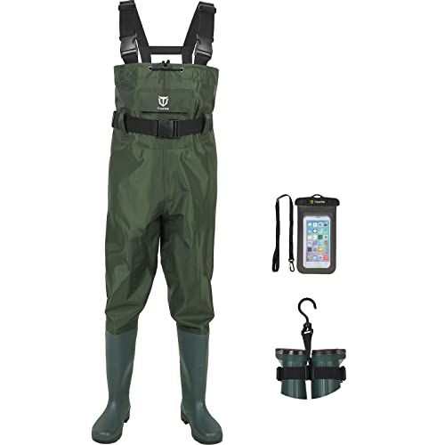 TIDEWE Bootfoot Wathose Wathose 2-lagig Nylon/PVC Wasserdicht Angeln Jagd Wathose mit Stiefelaufhänger für Damen und Herren Grün Größe 42 von TideWe