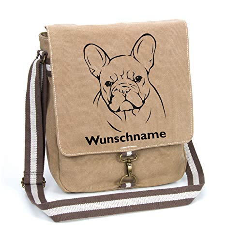 Französische Bulldogge Canvas Schultertasche Umhängetasche Tasche mit Hundemotiv und Namen personalisiert von Tierisch-tolle Geschenke