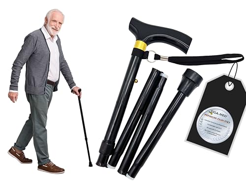 TIGA-MED Gehstock Krückstock Spazierstock | leichtes Aluminium | höhenverstellbar | faltbar | bis 100kg | Wanderstock Gehhilfe Gehstöcke Krücken Krückstöcke (Schwarz mit Holzgriff) von Tiga-Med