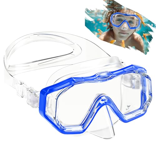 Taucherbrille Kinder, Taucherbrille mit PVC-Gläsern, Schwimmbrille Kinder 180° Panorama, Silikonband Siegel Anti-Leck & Anti-Fog, Taucherbrille kinder 4-16 jahre für Tauchen, Schnorcheln (Blau) von Tilenvi