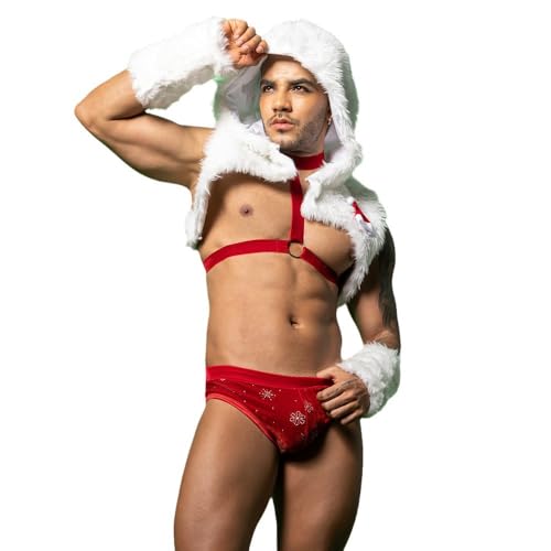 Tingyilan Sexy Herr Claus Kostüm Herren Weihnachten Santa Kostüm Fancy Outfit One Size Hot Holiday Fantasy Mini Tanga, Stretch Samt Pelz Getrimmt Cape,One Size von Tingyilan