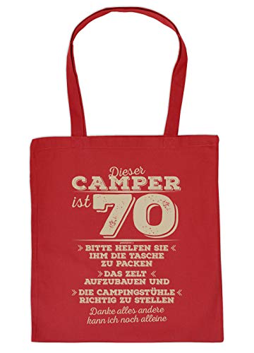 Camper 70.Geburtstag Sprüche-Tasche - Trage-Tasche 70 Jahre : Dieser Camper ist 70 Bitte helfen Sie ihm die Tasche ... - Spruch 70 Geschenk-Tasche - Farbe: Rot von Tini - Shirts