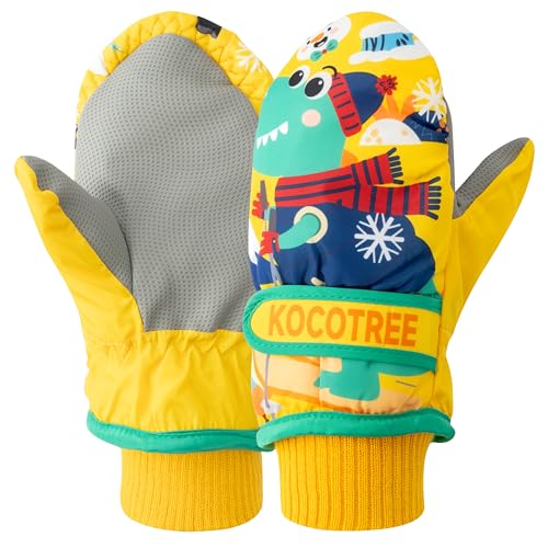 TirEurt Kinder Fäustlinge Winter Handschuhe - PU Palme Kinder Winddicht und Wasserdicht Skihandschuhe, Warm Fleece Outdoor Sports Skifahren Schneehandschuhe für Mädchen Jungen, Größe M, Dinosaurier von TirEurt