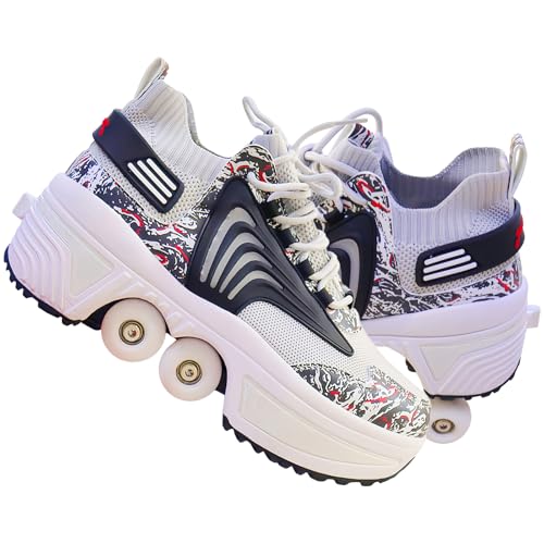 Schuhe mit Rollen für Mädchen,2-in-1 Rollschuhen und Sneakers,Quad Skates für Jungen,Roller Skate Shoes für Teenager Erwachsene,Skateboardschuhe für Outdoor Mehrzweckschuhe (Black/E, 39) von To.Heim