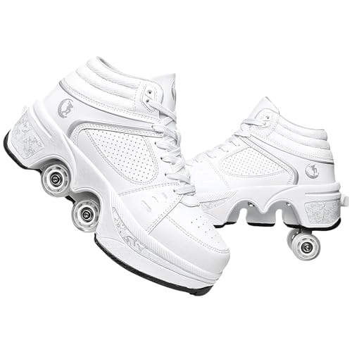 Schuhe mit Rollen für Mädchen,2-in-1 Rollschuhen und Sneakers,Quad Skates für Jungen,Roller Skate Shoes für Teenager Erwachsene,Skateboardschuhe für Outdoor Mehrzweckschuhe (High White/G, 34) von To.Heim