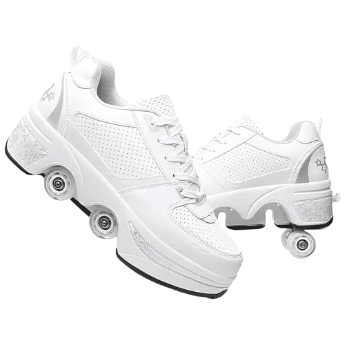 Schuhe mit Rollen für Mädchen,2-in-1 Rollschuhen und Sneakers,Quad Skates für Jungen,Roller Skate Shoes für Teenager Erwachsene,Skateboardschuhe für Outdoor Mehrzweckschuhe (Low White/F, 34) von To.Heim