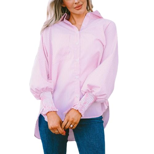 Mid-Length Shirt with Striped Lapel and Oversized Drawdown Sleeves, Striped Shirt Women Button Down Long Sleeve (pink,X-Large) von ToatlHeal