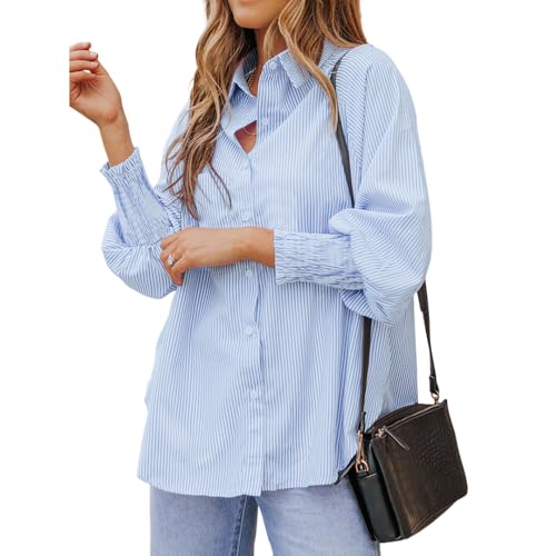 ToatlHeal Wbougisay Striped Blouse, Mid-Length Smocked Shirt with Striped Lapel and Oversized Drawdown Wbougisay Striped Shirt (Blue,Small) von ToatlHeal