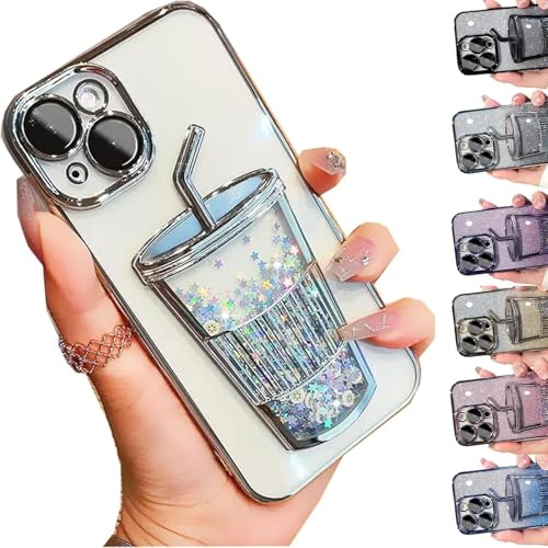 Transparent 3D Milk Tea Cup Soft Mobile Phone Case,Gradient Glitter Quicksand Milk Tea for iPhone 15 14 13 12 11,Electroplating Gradient Glitter Quicksand Cup Phone Case (Silver,for iPhone12promax) von ToatlHeal