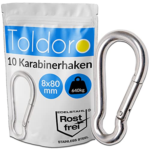 Toldoro® 10x Edelstahl Karabiner 8x80mm Rostfrei - NIRO AISI 316 V4A / Karabinerhaken Groß für Sonnensegel, Wandern, Outdooraktivitäten, Wassersport/Feuerwehrkarabiner/Karabiner Set von Toldoro