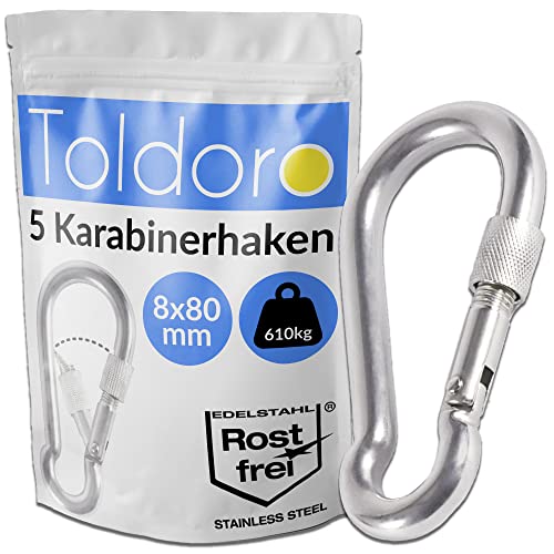 Toldoro® 5X Edelstahl Karabiner mit Schraubverschluss 80mm Rostfrei - NIRO AISI 316 V4A / Karabinerhaken Klein für Schaukel, Hängematte oder Sonnensegel/Schraubkarabiner/Karabiner Set Toldoro® 5X Edelstahl Karabiner mit Schraubverschluss 80mm Rostfrei - NIRO AISI 316 V4A / Karabinerhaken Klein für Schaukel, Hängematte oder Sonnensegel/Schraubkarabiner/Karabiner Set von Toldoro
