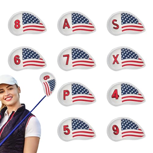 Golf-Eisenschlägerhauben-Set, patriotische Schlägerhaube | 10X Golf-Eisenschläger-Abdeckung, US-Flagge | Keilabdeckung, Eisenabdeckungen für Golfschläger, mit PU-Leder umwickelte Golf-Trainingsausrüst von Toliya