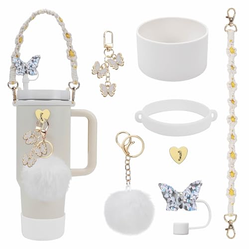 Stanley Cup Zubehöre Set, Wasserflasche Tragegurt Flaschengurt - Stanley Cup Stiefel- Schmeterling Anhänger Deko Accessories Kompatibel mit Stanley Tumbler H2.0 1,2L und 850ml (weiß) von Tomuku