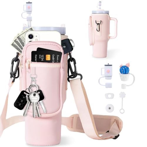 Tomuku Wasserflaschenhalter Tasche für Stanley Tumbler - 40oz Wasserflasche Träger mit Handyfach und Verstellbarem Schultergurt, Stanely Quencher Zubehöre Zum Wandern Laufen Radfahren (rosa) von Tomuku