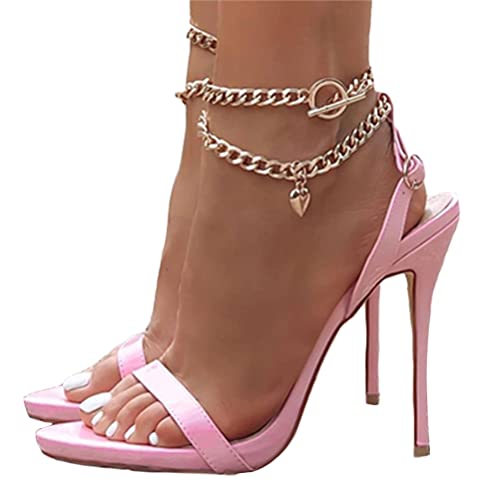 Tomwell Damen Sommer Offene Zehe Spitz Sexy Metallkette Stöckelabsatz Hohe Hacke Schnuerschuh Sandalen Sandalette High Heel D Rosa 38 EU von Tomwell